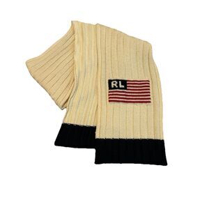 Ralph Lauren Polo Jeans Co Knit Scarf Ivory RL Logo American Flag Wool Blend 90s